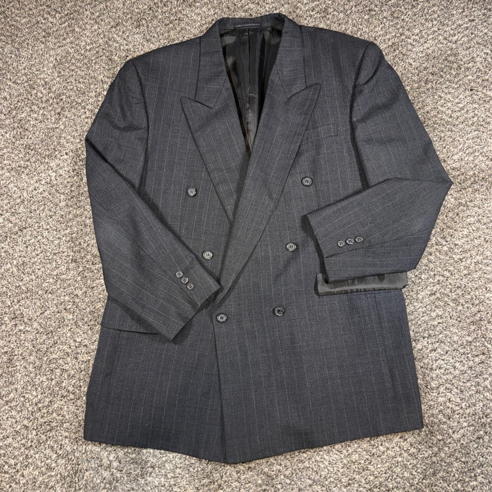 Vintage Pierre Balmain 46L Gray Pinstripe Double Breasted Blazer Suit Jacket - Picture 1 of 8